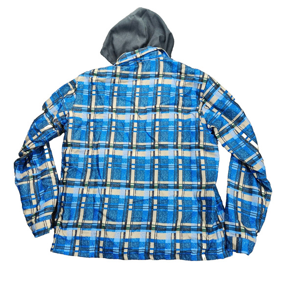Men's Zip up Quilted Lined Button Down Plaid Jacket with Hood Blue L - Picture 3 of 9